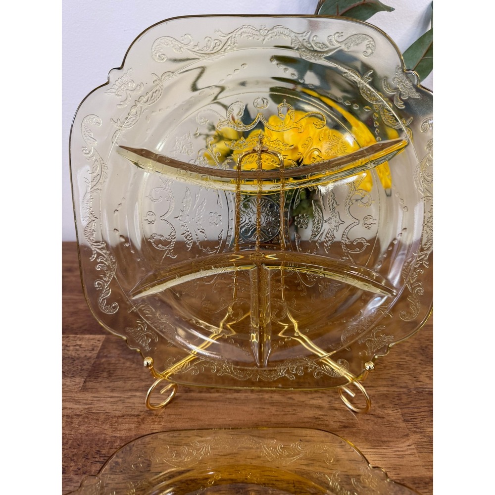 Federal Glass Madrid Amber‎ Depression Glass Divided Relish Dish Square Plate